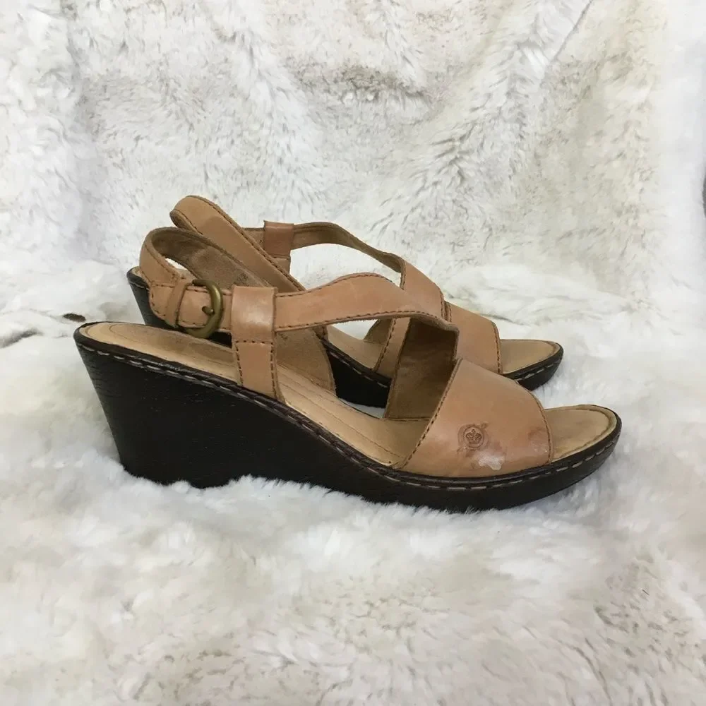 Born Women's Tan Leather Strappy Open Toe Wedge Sandals Size 9M